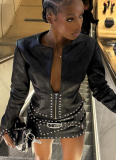 Distressed Leather Half-open Collar Zipper Rivet Waist Cropped Jacket