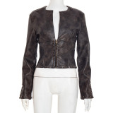 Distressed Leather Half-open Collar Zipper Rivet Waist Cropped Jacket