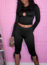 Pullover Hollow Ring Pleated Adjustable Drawstring Cropped Pants Navel-baring Suit