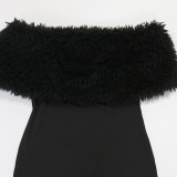 New One-shoulder Fur Stitching Milk Silk Jumpsuit