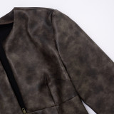 Distressed Leather Half-open Collar Zipper Rivet Waist Cropped Jacket