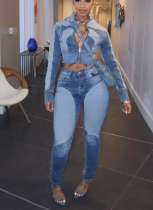 Fashionable High-elastic Stitching Contrast Color Washed Denim Casual Suit