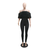 New One-shoulder Fur Stitching Milk Silk Jumpsuit