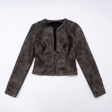 Distressed Leather Half-open Collar Zipper Rivet Waist Cropped Jacket