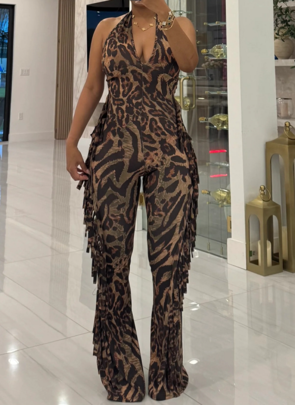 Sexy Slim-Fit Stretch Backless Tassel Print Halterneck Flared Jumpsuit