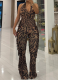 Sexy Slim-Fit Stretch Backless Tassel Print Halterneck Flared Jumpsuit