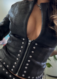 Distressed Leather Half-open Collar Zipper Rivet Waist Cropped Jacket