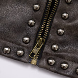 Distressed Leather Half-open Collar Zipper Rivet Waist Cropped Jacket