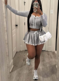Lace-Painted Gray Cropped Hooded T-Shirt Pleated Skirt Set