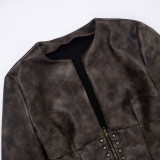 Distressed Leather Half-open Collar Zipper Rivet Waist Cropped Jacket
