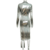 Sexy Flowing Design Deep V Neck Tight Slit Ribbon Dress