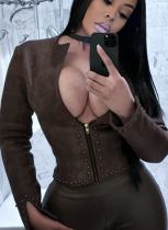 Distressed Leather Half-open Collar Zipper Rivet Waist Cropped Jacket