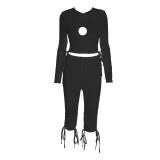 Pullover Hollow Ring Pleated Adjustable Drawstring Cropped Pants Navel-baring Suit