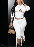 Pullover Hollow Ring Pleated Adjustable Drawstring Cropped Pants Navel-baring Suit