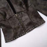 Distressed Leather Half-open Collar Zipper Rivet Waist Cropped Jacket