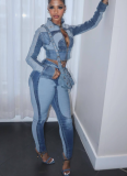 Fashionable High-elastic Stitching Contrast Color Washed Denim Casual Suit