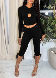 Pullover Hollow Ring Pleated Adjustable Drawstring Cropped Pants Navel-baring Suit