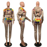 Fashion Drawstring Solid Color Ink Splash Hooded Long-sleeved Trousers Two-piece Suit