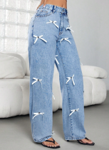 Bowknot Ribbon Fashion Four Seasons Wide-leg Denim Pants Women's