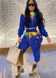 Fashion Drawstring Solid Color Ink Splash Hooded Long-sleeved Trousers Two-piece Suit