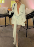 Solid Color Low-cut Neckline Long-sleeved High-waisted Hip Dress