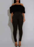 New One-shoulder Fur Stitching Milk Silk Jumpsuit