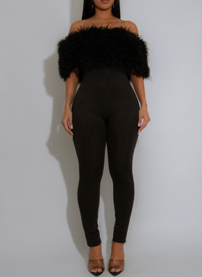 New One-shoulder Fur Stitching Milk Silk Jumpsuit