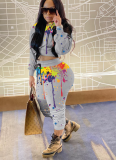 Fashion Drawstring Solid Color Ink Splash Hooded Long-sleeved Trousers Two-piece Suit