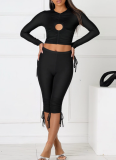 Pullover Hollow Ring Pleated Adjustable Drawstring Cropped Pants Navel-baring Suit