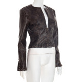 Distressed Leather Half-open Collar Zipper Rivet Waist Cropped Jacket