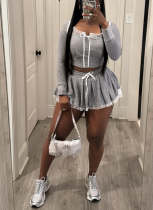 Lace-Painted Gray Cropped Hooded T-Shirt Pleated Skirt Set