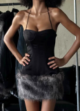 Fashionable Halter Neck Contrast Color Split Chest Splicing Furry Hip-wrapped Short Dress