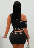 Tight And Sexy Gold Velvet Off-Shoulder Top And Hip-Wrapped Mini Skirt Two-Piece Set