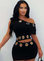 Tight And Sexy Gold Velvet Off-Shoulder Top And Hip-Wrapped Mini Skirt Two-Piece Set