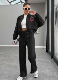 Autumn And Winter Printed Plus Velvet Zipper Sweatshirt Fashionable Casual Straight Pants Suit