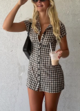 Fashionable Plaid Waist-cinching Shirt Button-down Short Dress