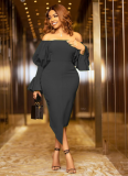 Sexy Solid Clor One-shoulder Lantern Sleeve Bevel Skirt Dress