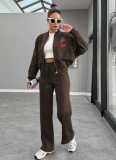 Autumn And Winter Printed Plus Velvet Zipper Sweatshirt Fashionable Casual Straight Pants Suit