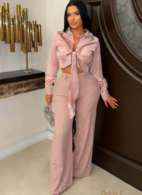 Satin Tie Long-Sleeved Shirt Slim-Fit Stretch Rhinestone Trousers Two-Piece Suit