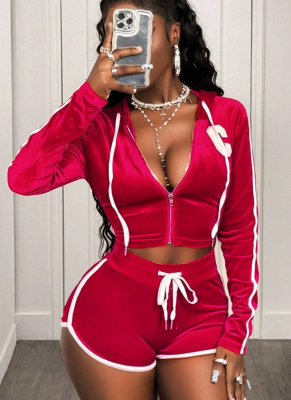 Fashionable Long-sleeved Hooded top and Waist-length Sports Shorts Set