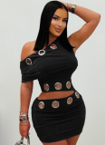 Tight And Sexy Gold Velvet Off-Shoulder Top And Hip-Wrapped Mini Skirt Two-Piece Set