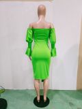 Sexy Solid Clor One-shoulder Lantern Sleeve Bevel Skirt Dress