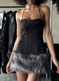 Fashionable Halter Neck Contrast Color Split Chest Splicing Furry Hip-wrapped Short Dress