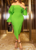 Sexy Solid Clor One-shoulder Lantern Sleeve Bevel Skirt Dress