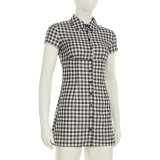Fashionable Plaid Waist-cinching Shirt Button-down Short Dress
