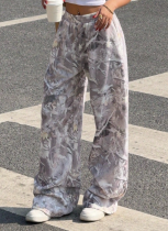 Casual Elastic Waist Camouflage Print Wide-Leg Sports Pants