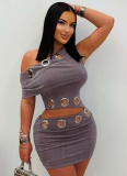 Tight And Sexy Gold Velvet Off-Shoulder Top And Hip-Wrapped Mini Skirt Two-Piece Set