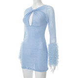 Mesh Cross Hollow Long Sleeve Plush Cuff Tight Hip Miniskirt Dress
