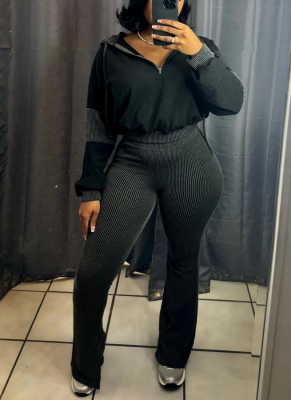 Casual Twisted Stripe Sweatshirt Spliced ​​Hooded Flared Pants Two-piece Suit