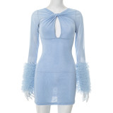 Mesh Cross Hollow Long Sleeve Plush Cuff Tight Hip Miniskirt Dress